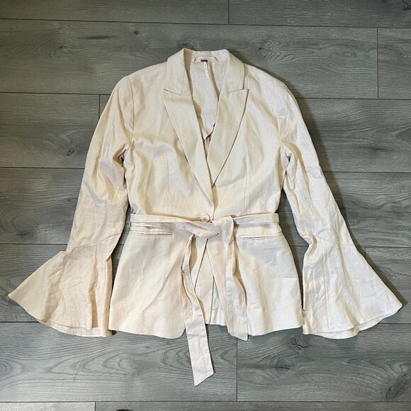 Free People Size Sm Blazer Blush Pink Color Linen Blend Flare Sleeve Tie Waist - Picture 1 of 4